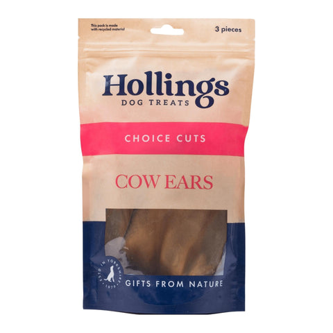Hollings Cow Ears Dog Treats, 100% Natural & Nutritious Long Lasting Chew Treats for Adult Dogs, Grain Free & High in Protein, Pack of 1 (3 Pieces)