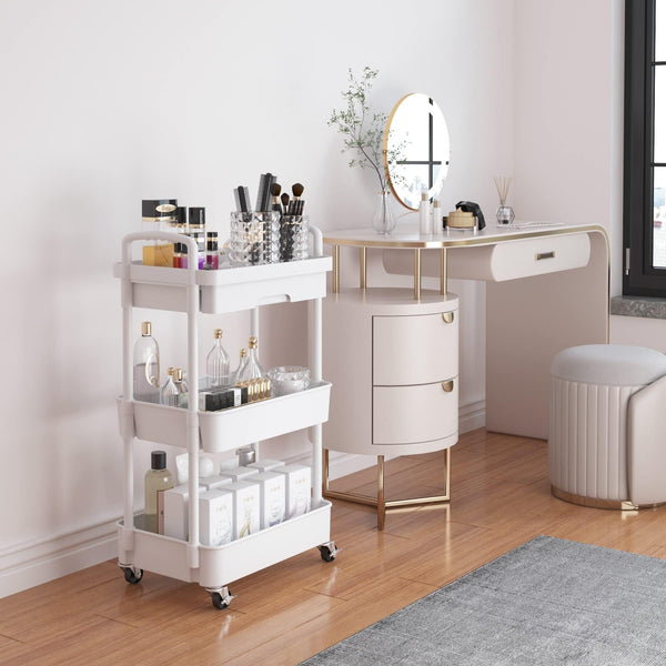 Wuciray Beauty Trolley on Wheels 3 Tier Storage Trolley with Drawer Plastic Beauty Trolleys Rolling Utility Cart Craft Trolleys on Wheels for Home Kitchen Bathroom Laundry Office White