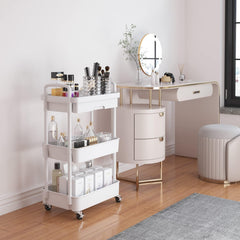 Wuciray Beauty Trolley on Wheels 3 Tier Storage Trolley with Drawer Plastic Beauty Trolleys Rolling Utility Cart Craft Trolleys on Wheels for Home Kitchen Bathroom Laundry Office White