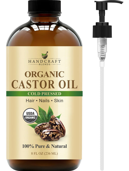 Handcraft Blends Cold-Pressed Organic Castor Oil 236 ml | Glass Bottle | 100% Pure and Natural | Premium Grade Carrier Oil | Hair, Eyelashes and Eyebrows | Hair and Body | Ayurvedic Hair Care