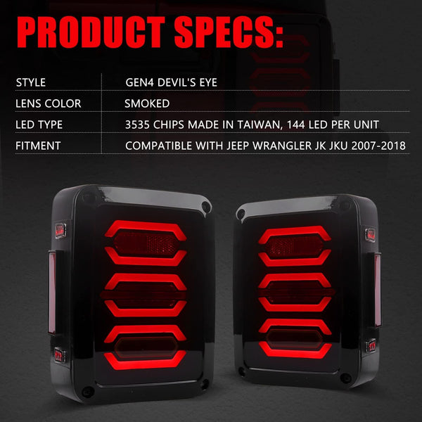 DKMGHT LED Tail Lights for Jeep Wrangler JK JKU 2007-2018, [DOT Approved] [Smoked Lens] [Plug n Play] Jeep JK Accessories Gen4 Devil's Eye Smoked
