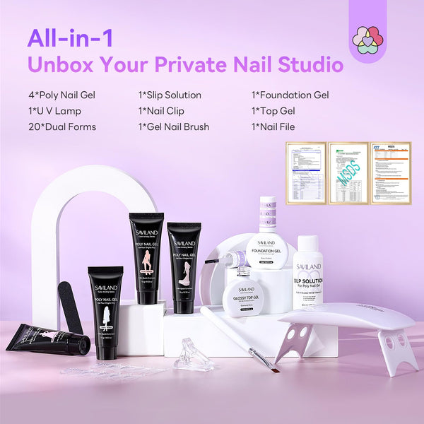 SAVILAND Poly Nail Gel Kit: All-in-1 Polygel Nail Kit with U V Lamp Light Quick Dry Slip Solution 4 Colors Sheer Nude Pink White Long-Wear Jelly Nails Extensions for Beginner Starter DIY Nail Art