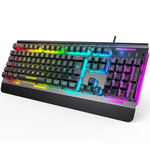 TECKNET RGB Gaming Keyboard UK Layout, USB Wired Computer Keyboard with 15-Zone RGB Illumination, All-Metal Panel, 25 Anti-ghosting Keys, 105 Keys, IP32 Water & Dust Resistant, 90% Quiet Keyboards