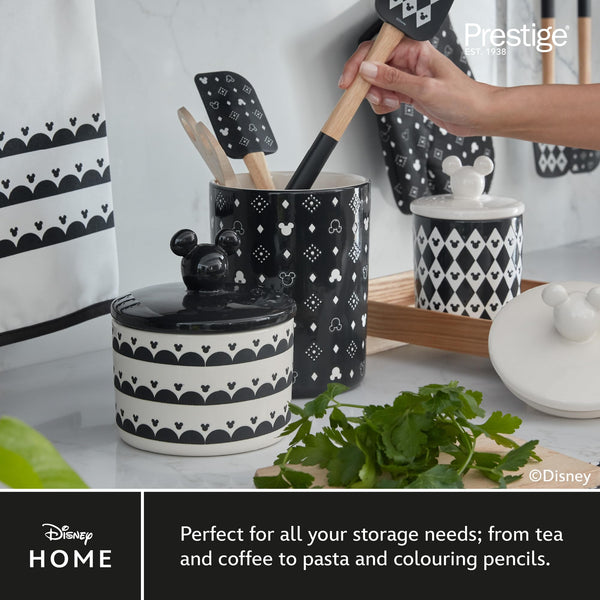 Prestige Disney Monochrome Mickey Mouse Kitchen Canisters Set of 3 - Airtight Ceramic Storage Jars With Lids, Black & White