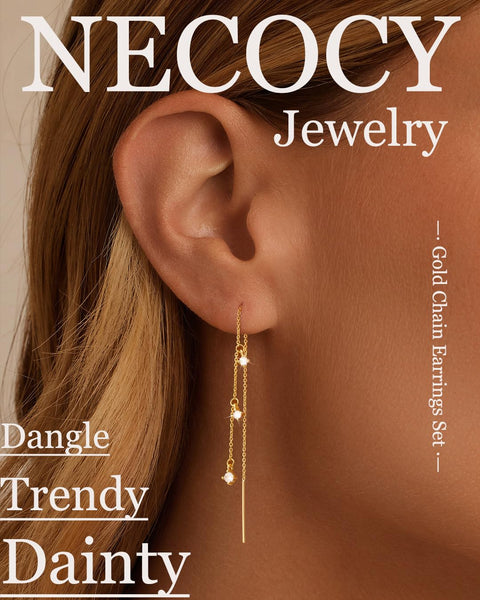 NECOCY Dangle Earrings for Women Dainty Long Hanging Gold/Silver Chain Earrings Trendy Hypoallergenic Dangling CZ/Pearl Threader Earrings for Women Jewelry, Yellow Gold, Cubic Zirconia