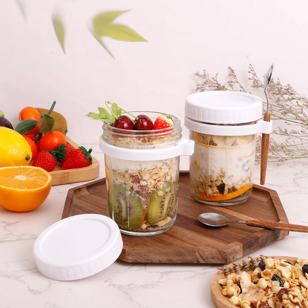 Opopark 4 Pack 12oz Overnight Oats Jars,350ml Overnight Oats Container with Lids and Spoons White Airtight Glass Jars with Measurement Marks for Milk Cereal Fruit