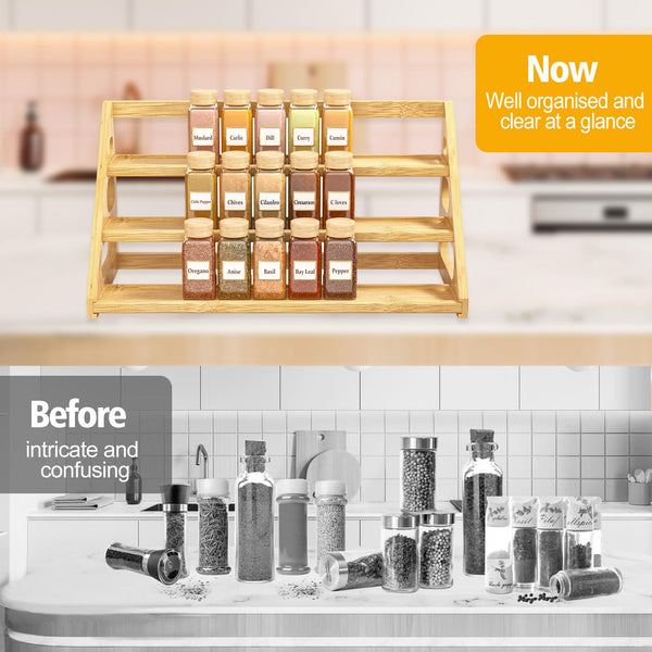 Banlilus Spice Rack - Tiered Spice Rack Organization for Cabinet - 3 Tier Bamboo Display Spice Shelf for Countertop