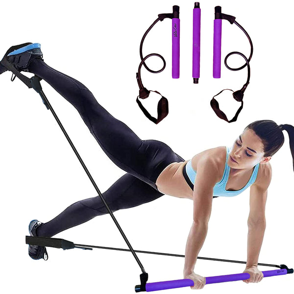 Velageo Pilates Bar Kit for Portable Home Gym Workout + 2 Latex Exercise Resistance Band, 3-Section Sticks - All-in-one Strength Weights Equipment for Body Fitness Yoga Squat