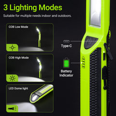 Work Light, Rechargeable LED Work Light 1500 Lumens, Inspection Lamp 180° Rotate 3 Modes, with 3 Magnetic Base and Hook Mechanic Light, for Car Repairing/Under Hood/Emergency/Outdoor