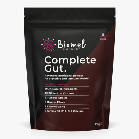 Biomel Complete Gut - Belgian Chocolate - 4 in 1 Gut Health Powder with Diverse Fibres - 450g/30 Servings - Vegan Friendly - Gluten Free - Live Cultures for Gut Health - Delicious & Effective