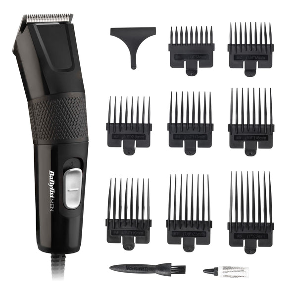 BaByliss Hair Clipper Precision Power, Corded Hair Clippers for Men, Sharp Stainless Steel Blades, 8 cutter guides 1-8, Grooming Set, Black, 7755U