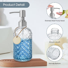 Topsky Glass Soap Dispenser with Siliver Metal Pump - 400ml Liquid Hand Soap Dispenser - Rustproof Pump for Kitchen & Bathroom, Great for Lotions, Essential Oil, Liquid Soaps Transparent
