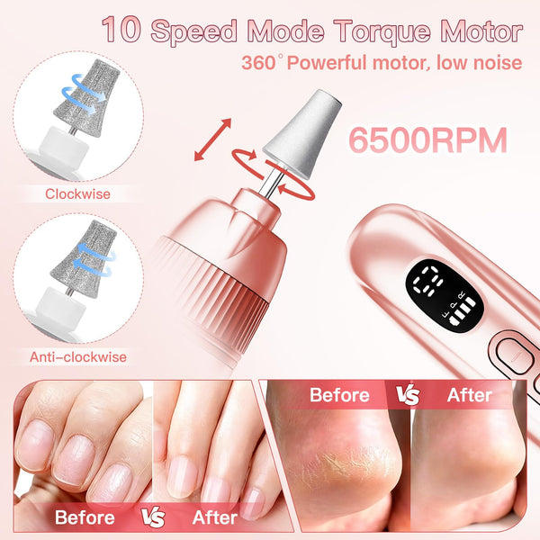 Electric Nail File, Professional Cordless Electric Nail Drill, 15 in 1 Nail Files Dust Cover Pedicure Sets - Rechargeable Nail Drill Machine Efile for Acrylic Gel Nails, Manicure Set Salon Home