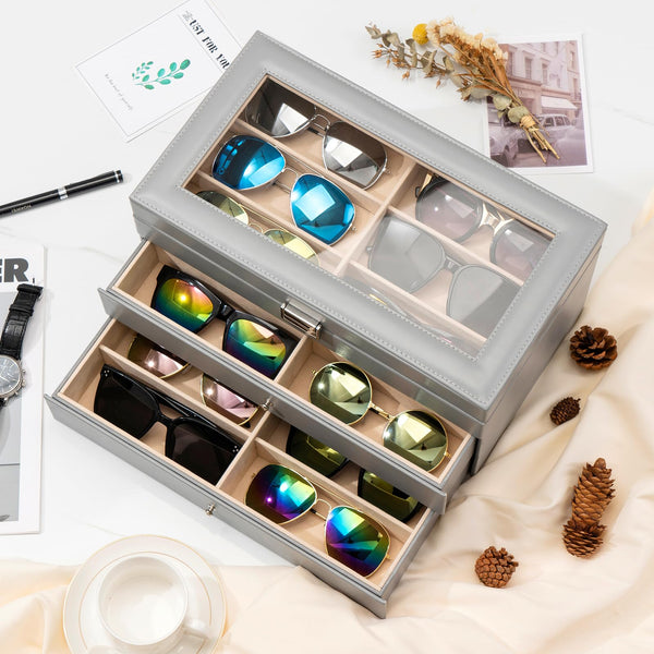 ProCase 3-layer Sunglasses Storage Organizer, 18 Slots Leather Sunglass Box Multiple Pairs Eyeglass Cases Eye Glass Eyewear Display Holder for Men Women -Grey