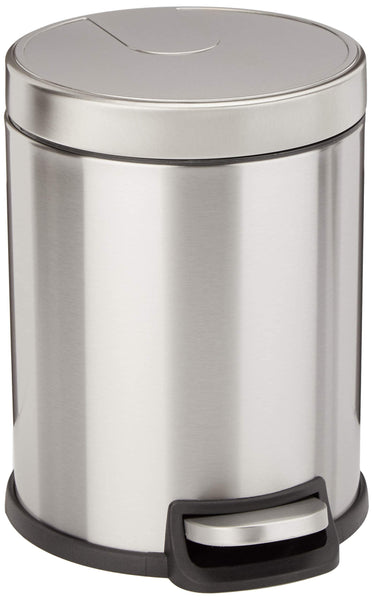 Amazon Basics Round Cylindrical Soft-Close Small Trash Can With Foot Pedal for Bathroom and small space, 5 l, Brushed Stainless Steel