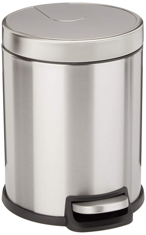 Amazon Basics Round Cylindrical Soft-Close Small Trash Can With Foot Pedal for Bathroom and small space, 5 l, Brushed Stainless Steel