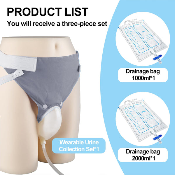 Wearable Urine Collector with Soft Silicone Cup, Adjustable Breathable Pants, Long Drainage Tube, 1000ml Day Bag and 2000ml Night Bag, External Catheter for Men for Elderly Male Black