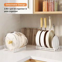 MENGCOOL Expandable Pans Organiser Rack, Pan Lid Storage with 10 Adjustable Dividers, Pot Lid Holder, Kitchen Cupboard Organiser (White)