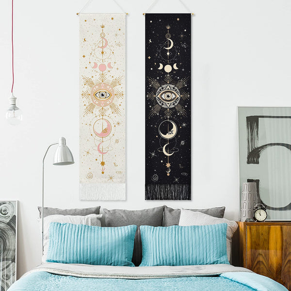 Yugarlibi 2 Pack Sun Moon Tapestry Wall Hangings Black and White Tarot Card Tapestry, Psychedelic Tapestries Cotton Long Wall Art for Bedroom, 130x32.5cm