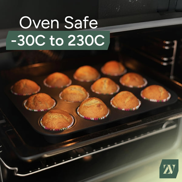 Zuvo Silicon Muffin Tray 12 Cups - Non Stick Black Baking Mold for Cupcakes and Brownies (23x31cm) - Perfect Baking Tray