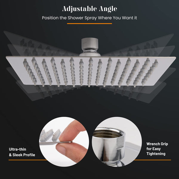 LIVOREST Square Rainfall Shower Head - 8 inch Large, Overhead Fixed Rain Showerhead with Angle Adjustment - Stainless Steel 304 with Chrome Finish - Standard Fitting, Easy Replacement