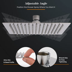 LIVOREST Square Rainfall Shower Head - 8 inch Large, Overhead Fixed Rain Showerhead with Angle Adjustment - Stainless Steel 304 with Chrome Finish - Standard Fitting, Easy Replacement