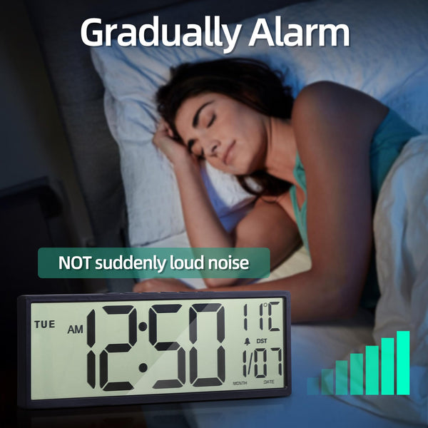 Mee 2ou Digital Wall Clock Battery Operated, 15" Digital Clock Large Display With Date And Day Of Week, Large Number With Temperature, Auto DST, Alarm, Snooze, 12/24-hour For Desk Office