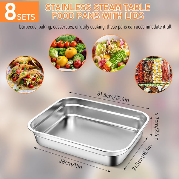 8 Pcs Large Stainless Steel Food Containers with Lids, Rectangle Food Storage Box Bulk, Stackable Meal Prep Container for Kitchen Restaurant Snack Buffet Fruits, Oven Freezer Safe, 32 x 26 x 7 cm