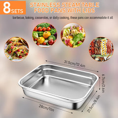 8 Pcs Large Stainless Steel Food Containers with Lids, Rectangle Food Storage Box Bulk, Stackable Meal Prep Container for Kitchen Restaurant Snack Buffet Fruits, Oven Freezer Safe, 32 x 26 x 7 cm