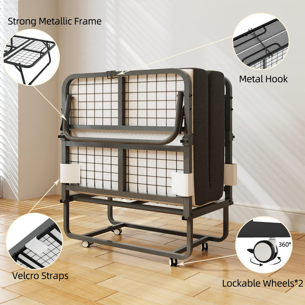 CAIYUN Folding Bed with Mattress,Guest Z Single Bed,Portable Foldable Beds with Memory Foam Mattress and Fabric Storage Bag,Spare Beds,Rollaway with Fold-up Metal Frame 190 x 80CM