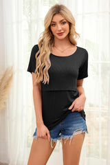 Smallshow Women's Nursing Tops Ribbed Short Sleeve Breastfeeding Clothes 4 Pack,Black-Brown-Deep Grey-Light Grey,M