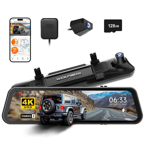 WOLFBOX G900 PRO Mirror Dash Cam with 8MP STARVIS IMX678, 12 inches Rear View Mirror Camera with Front 4K and Rear 2.5K, Included 128GB Card, Voice Control, 5.8GHz WiFi, Loop Recording, G-Sensor & GPS