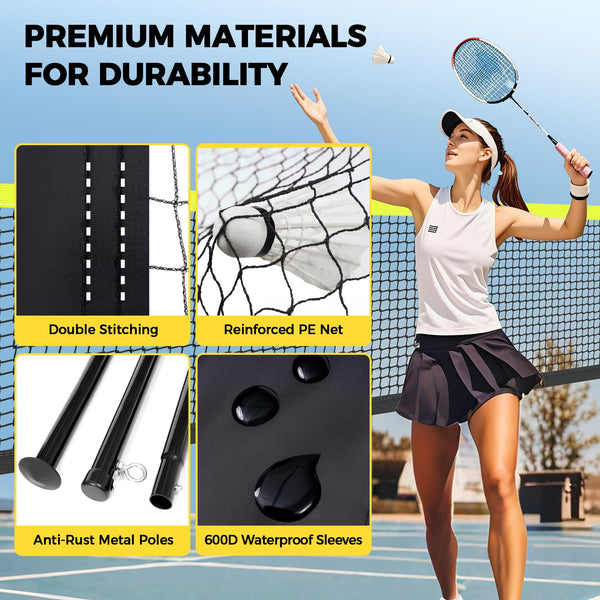 BAGAIL Outdoor Badminton Net Set with Anti-Sag Winch System - Official Size 6.1x1.55m, 4 Rackets, 3 Badminton Balls, Durable PE Net and Carrying Bag for Backyard, Beach and Family Games