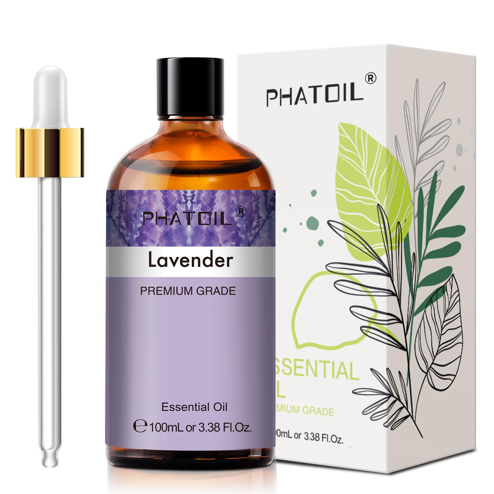 PHATOIL Lavender Essential Oil 100ml, 100% Natural & Pure Premium Graded Lavender Essential Oils for Diffusers, Humidifiers, Aromatherapy, Skin Hair Care and Candle Soap Making