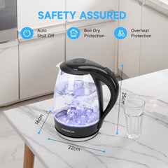 Aigostar Adam 30KHH Glass Electric Kettle, 2200W Fast Boil, 1.7L BPA-Free Water Boiler with LED Light, Auto Shut-Off & Boil-Dry Protection, Borosilicate Glass, Black