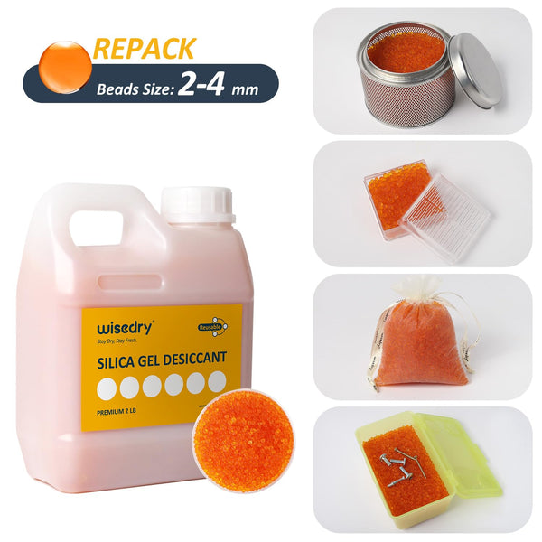 wisedry Silica Gel Desiccant Beads Bulk Reusable with Color Indicating Orange to Green - 0,9kg (2LBS), Bead Size 2-4 mm, Rechargeable