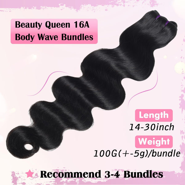 Beauty Queen 16A Body Wave Bundles Human Hair (16 18 20 Inch) 100% Unprocessed Brazilian Virgin Weave 3 Bundles Human Hair Full And Thick Remy Hair Extensions Natural Color for Women