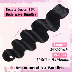 Beauty Queen 16A Body Wave Bundles Human Hair (16 18 20 Inch) 100% Unprocessed Brazilian Virgin Weave 3 Bundles Human Hair Full And Thick Remy Hair Extensions Natural Color for Women