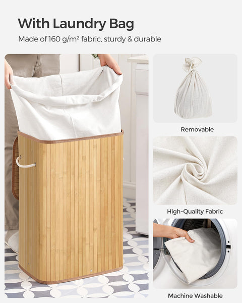SONGMICS Laundry Basket with Lid 72L Bamboo Foldable Laundry Basket with Removable Washable Bag Handles for Laundry Room Bedroom LCB10Y