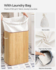 SONGMICS Laundry Basket with Lid 72L Bamboo Foldable Laundry Basket with Removable Washable Bag Handles for Laundry Room Bedroom LCB10Y