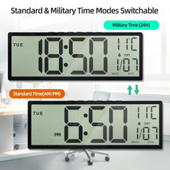 Mee 2ou Digital Wall Clock Battery Operated, 15" Digital Clock Large Display With Date And Day Of Week, Large Number With Temperature, Auto DST, Alarm, Snooze, 12/24-hour For Desk Office