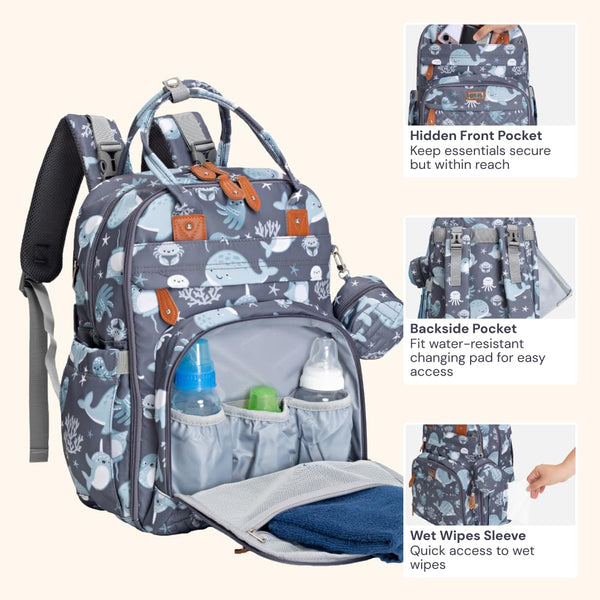 BabbleRoo Baby Changing Bag Backpack, Nappy Changing Back Pack Diaper Bags with Changing Mat & Pacifier Holder for Mom & Dad (Sea Animals)
