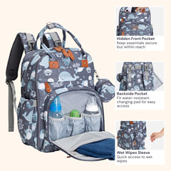 BabbleRoo Baby Changing Bag Backpack, Nappy Changing Back Pack Diaper Bags with Changing Mat & Pacifier Holder for Mom & Dad (Sea Animals)
