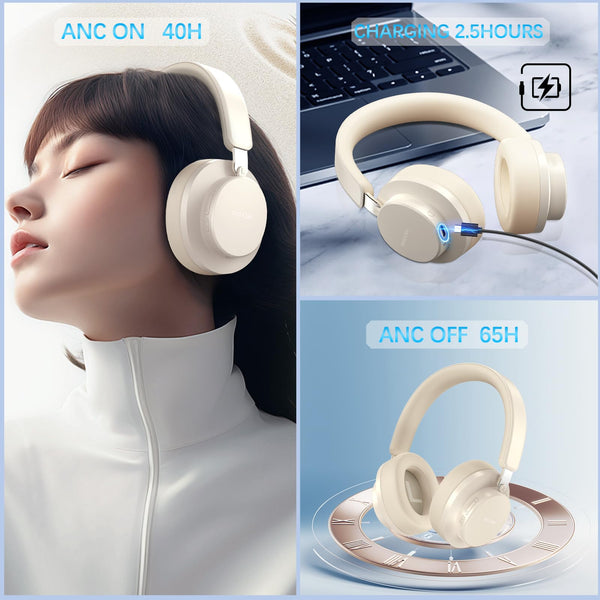 Noise Cancelling Headphones Wireless Bluetooth, Over Ear Headphones Bluetooth with Microphone, Cancelling Wireless Headphone Over Ear, 65h Playtime, Clear Calls, Comfort Fit For Travel (Beige)