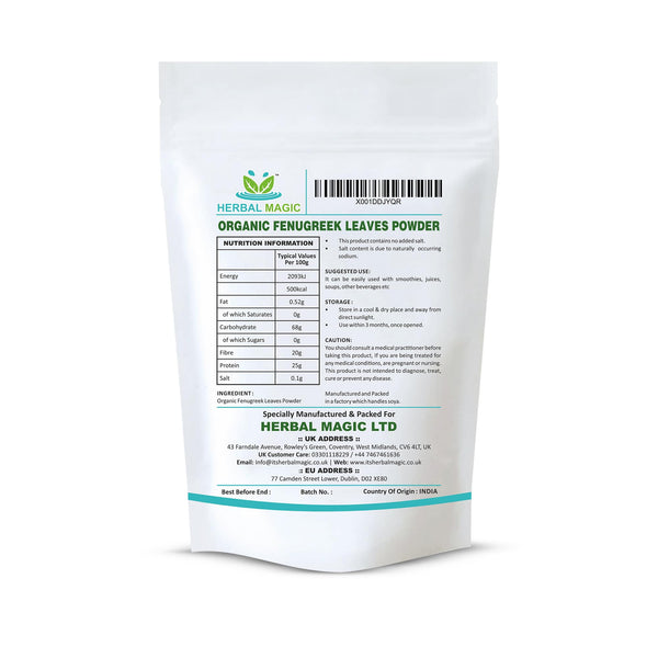 Herbal Magic's Organic Fenugreek leaf Powder (Methi) - Rich Flavoured Smoothies, Shakes, Juices, baking, Soups - Whole Leaf Used -Free from Fillers & Preservatives -100g
