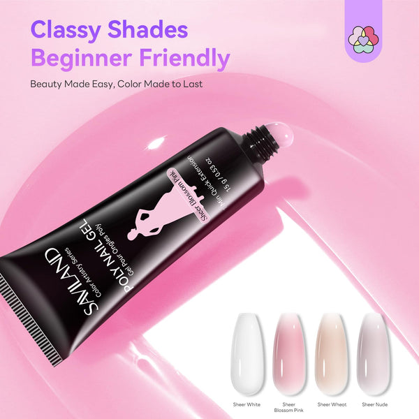 SAVILAND Poly Nail Gel Kit: All-in-1 Polygel Nail Kit with U V Lamp Light Quick Dry Slip Solution 4 Colors Sheer Nude Pink White Long-Wear Jelly Nails Extensions for Beginner Starter DIY Nail Art