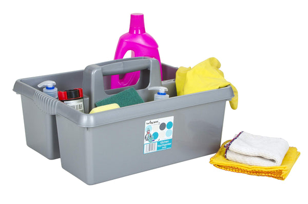 Wham Large Plastic Kitchen Cleaning Carry Tray Caddy Tidy Tote Organiser with Handle - Silver, 5 liters