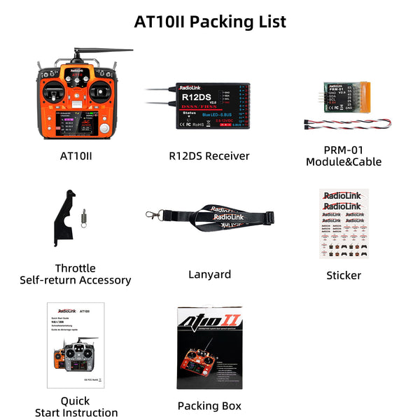 Radiolink AT10II 12 Channels RC Transmitter and R12DS Receiver Kit with PRM-01,Voltage Telemetry,2.4GHz Radio 4KM Remote Controller Receiver Kit for RC Airplane,Racing Drone,Helicopter,Car,Boat(Mode2)