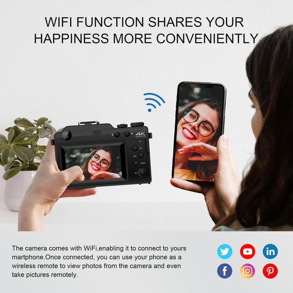 Digital Camera, 5K 64MP Cameras for Photography with WiFi, 64GB Card, Autofocus, Selfie 3" LCD Screen Compact Vlogging Camera for Youtube, Wide & Macro Lens for Beginners Adults Tenns