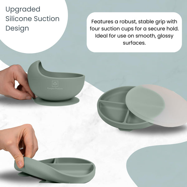 Pumpkin Products® Silicone Baby Weaning Set. Baby & Toddler. Four Suction-Cup Plate, Suction Bowl, Adjustable Bib, Weaning + Stainless Spoon & Fork Sets, Sippy Cup, Collapsible Snack Cup (Sage Green)